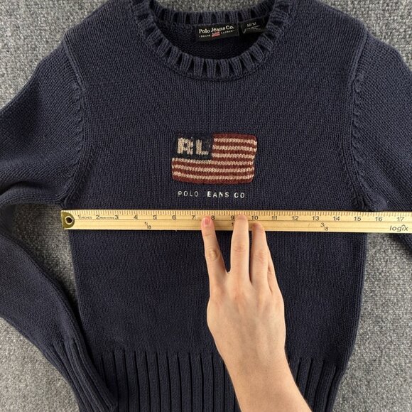 Ralph Lauren Polo Jeans Women Flag Sweater Navy Blue Knit Medium Cotton Crew - Picture 9 of 13